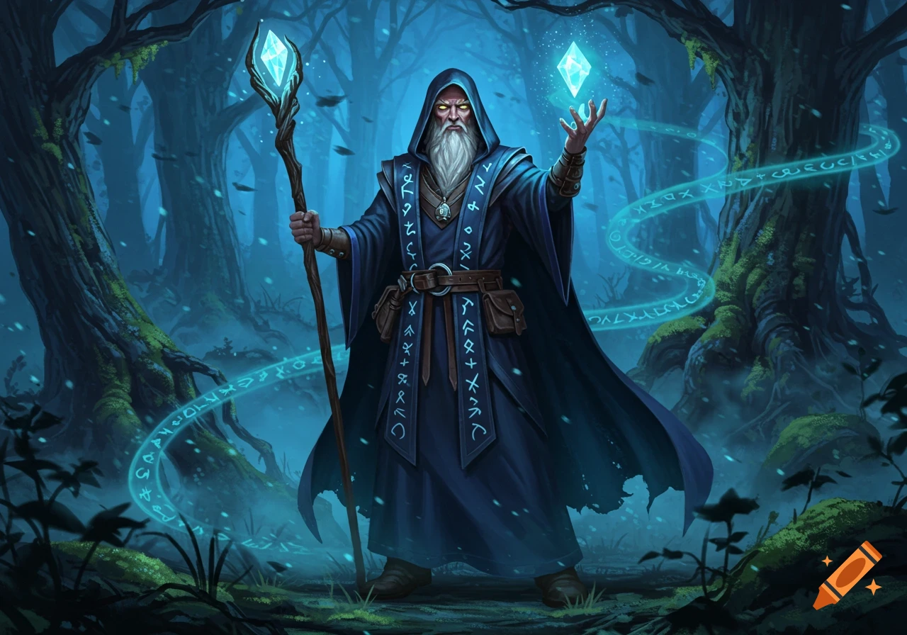 A powerful wizard with a long white beard, holding a crystal staff, casts a spell with glowing blue runes in a mystical dark forest.