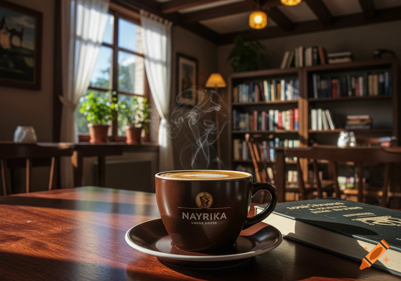 A steaming brown coffee cup with 'NAYRIKA' on it, on a wooden table in a sunlit cafe with bookshelves and a window, photorealistic.
