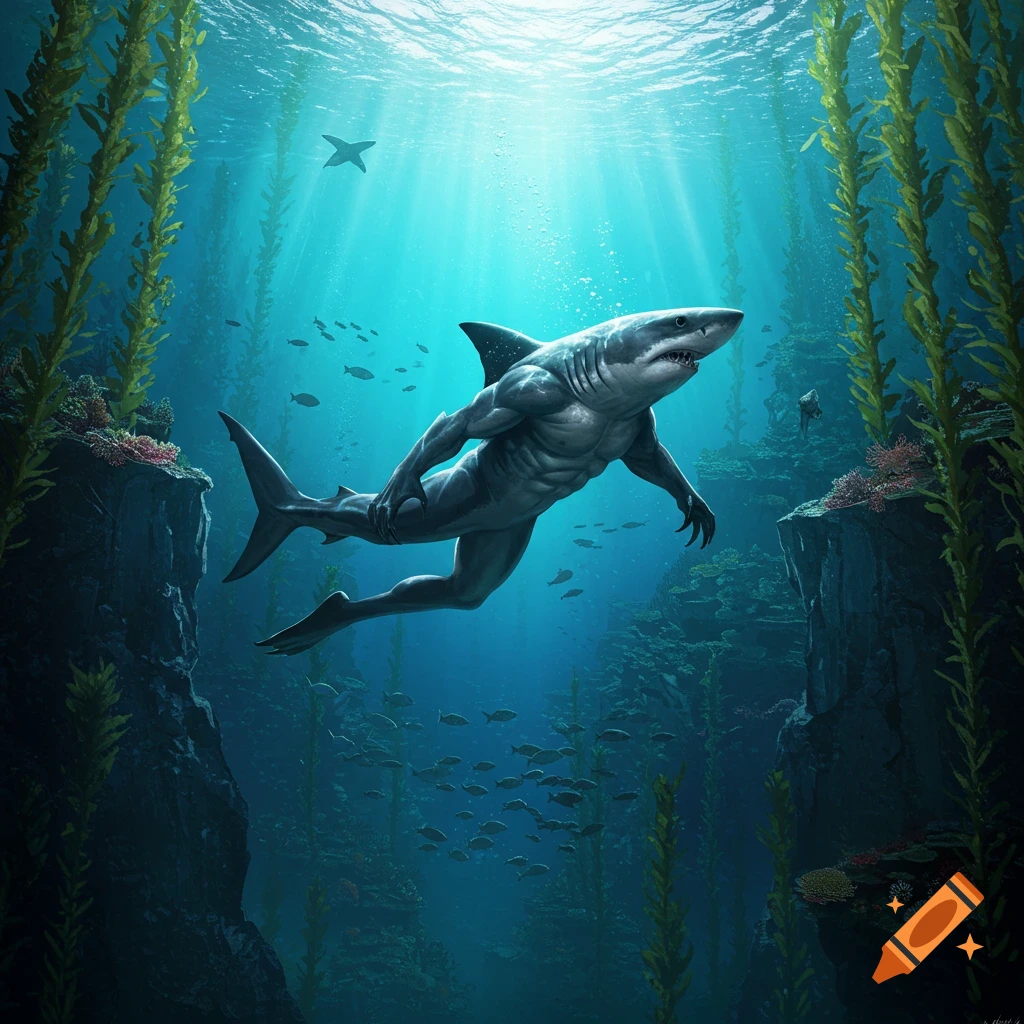 A muscular shark-man with a great white shark head swims through a vibrant underwater kelp forest with sun rays.