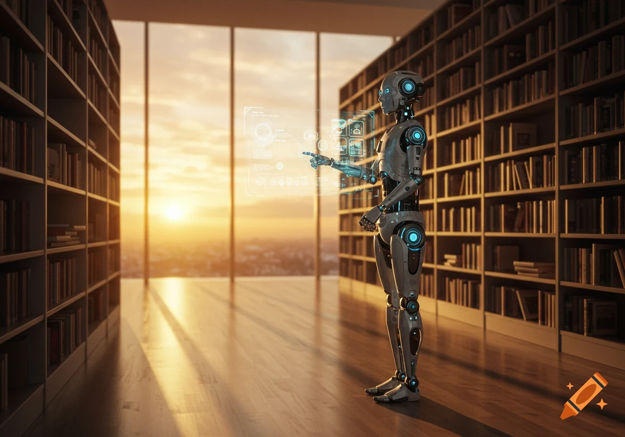 A humanoid robot points at a holographic interface in a grand library with large windows overlooking a city at sunset.