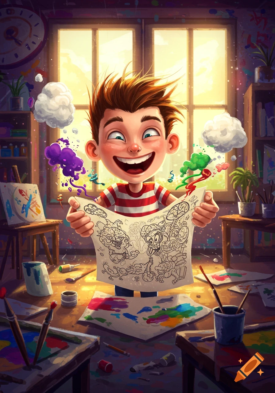 A vibrant cartoon boy joyfully holds up a chaotic, doodle-filled drawing in a messy, colorful art studio.