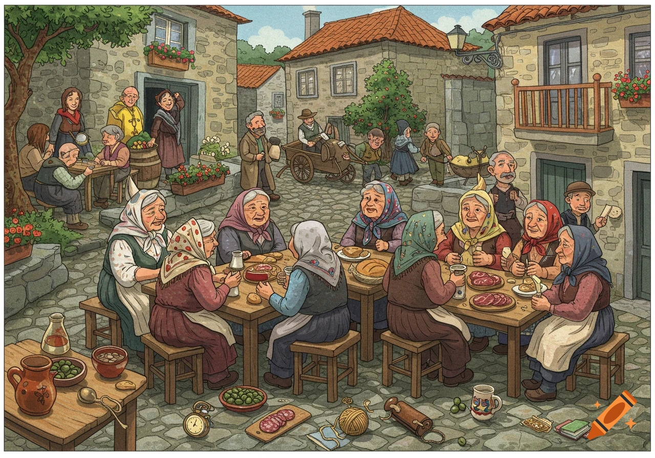 A detailed, cartoon-style illustration of a bustling village square where elderly people are sharing a meal at tables, surrounded by stone houses and other villagers.