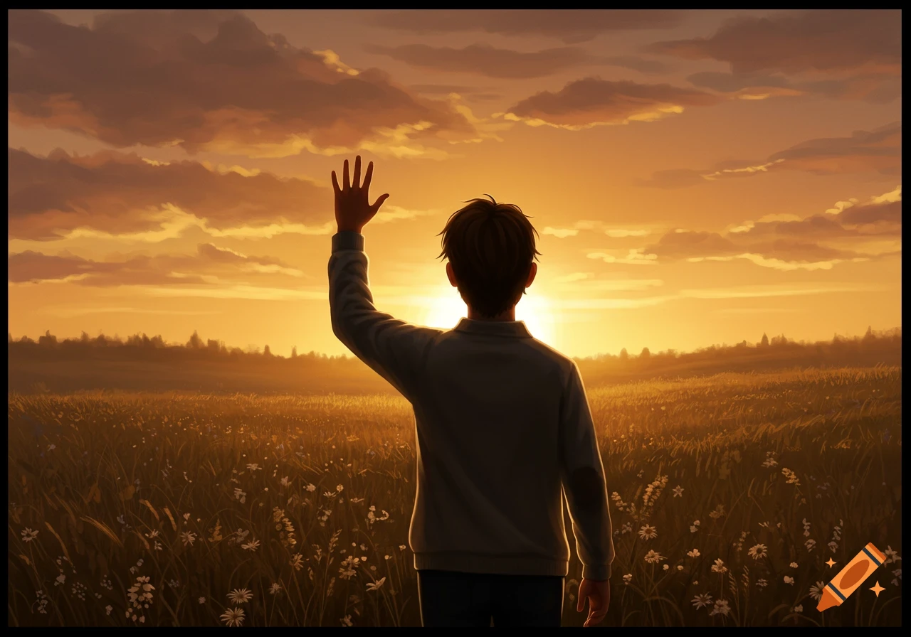 An anime-style illustration of a person seen from behind, raising their right hand in a golden field during sunset.