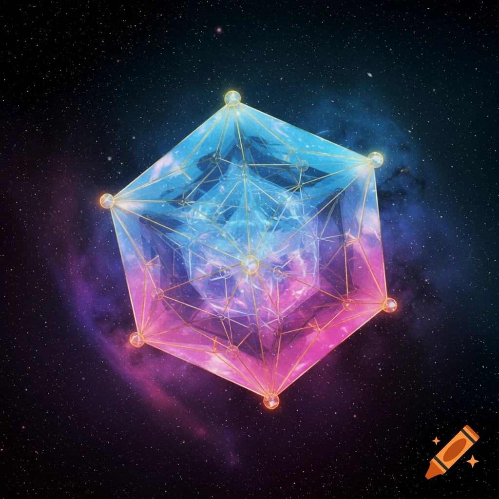 A glowing, multifaceted crystal-like geometric shape, with blue and pink hues, floats in a starry galaxy with nebulas.