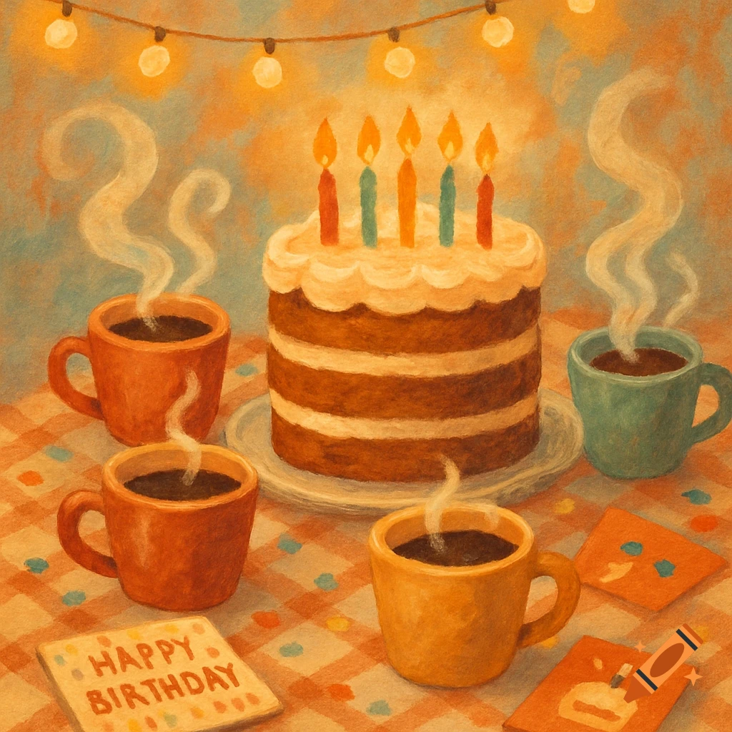 Watercolor illustration of a birthday cake with candles, steaming coffee cups, and a 'Happy Birthday' card on a checkered table under string lights.