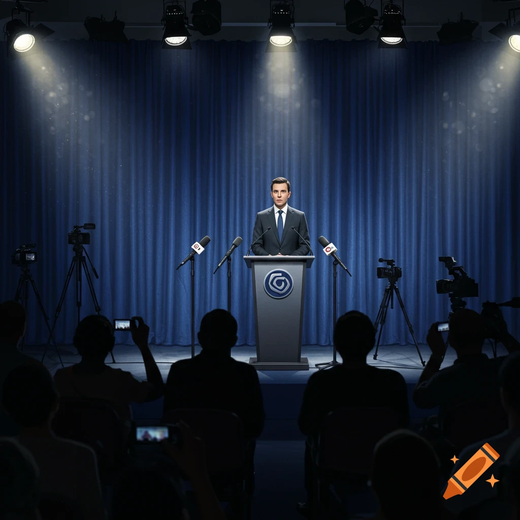A man in a suit speaks at a podium during a press conference, with spotlights, microphones, and cameras.