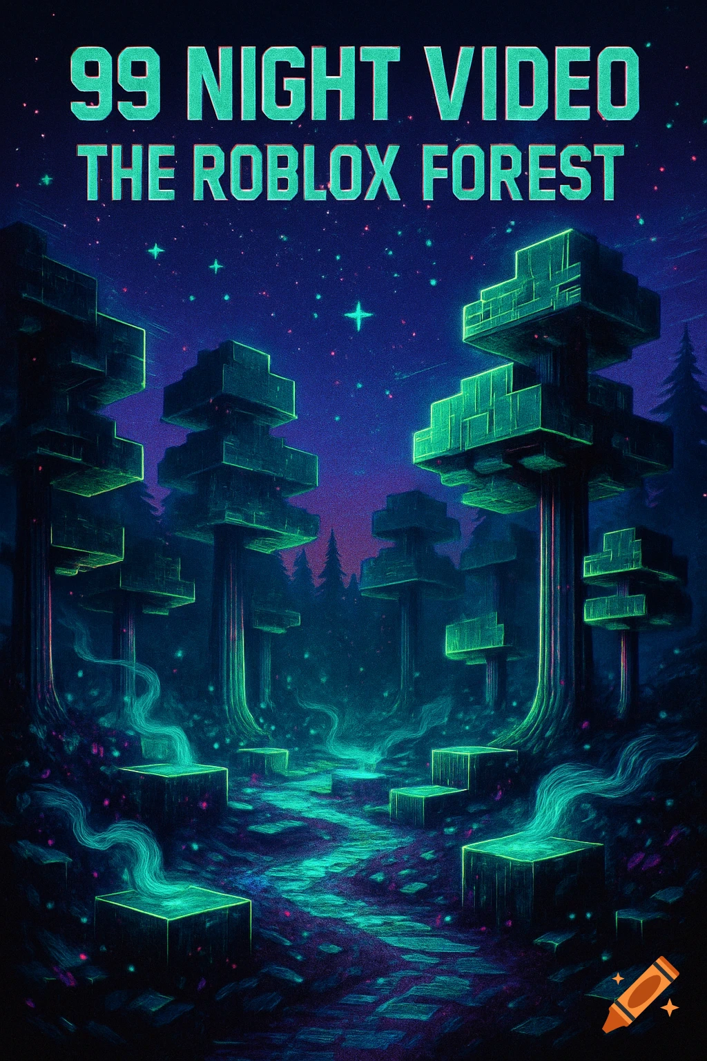 A dark blue poster with green blocky trees and a glowing path in a stylized Roblox-like forest. Stars dot the sky, and text reads "99 NIGHT VIDEO THE ROBLOX FOREST".