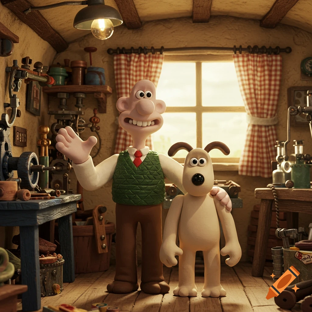 Wallace and Gromit stand together in their workshop, Wallace with a wide grin and Gromit beside him, in claymation style.