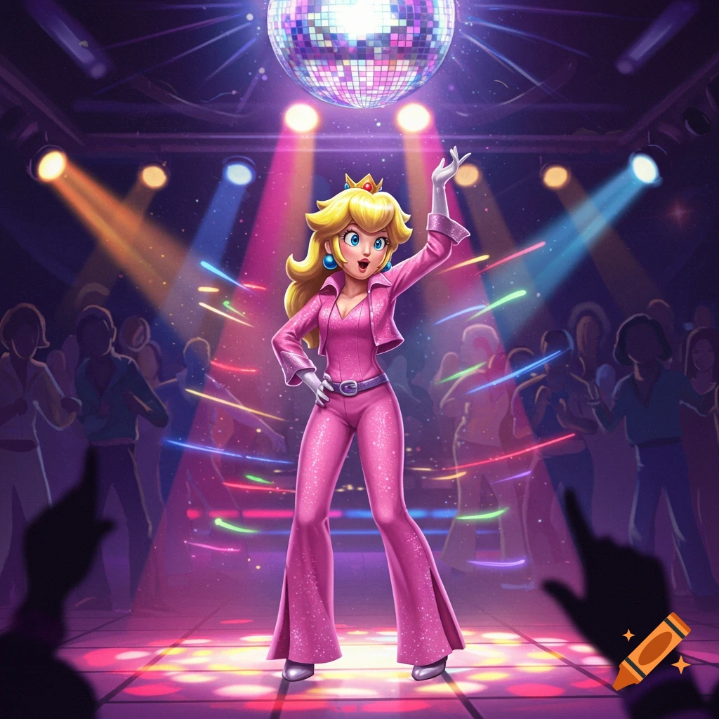 Princess Peach in a pink leisure suit dances under a disco ball in a vibrant cartoon-style image.