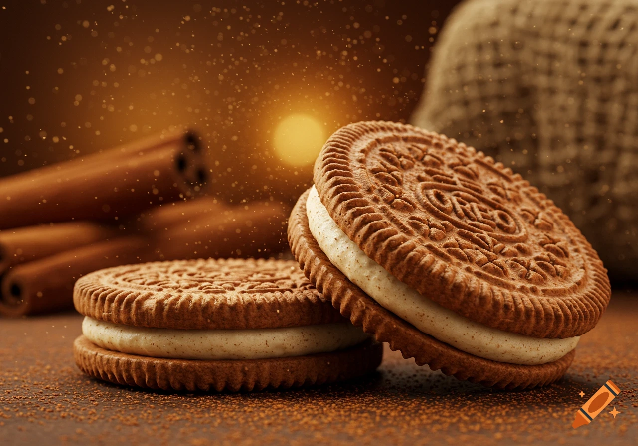Close-up shot of two cinnamon-flavored sandwich cookies with cream filling, on a dusted surface with cinnamon sticks in the background. Photorealistic style.