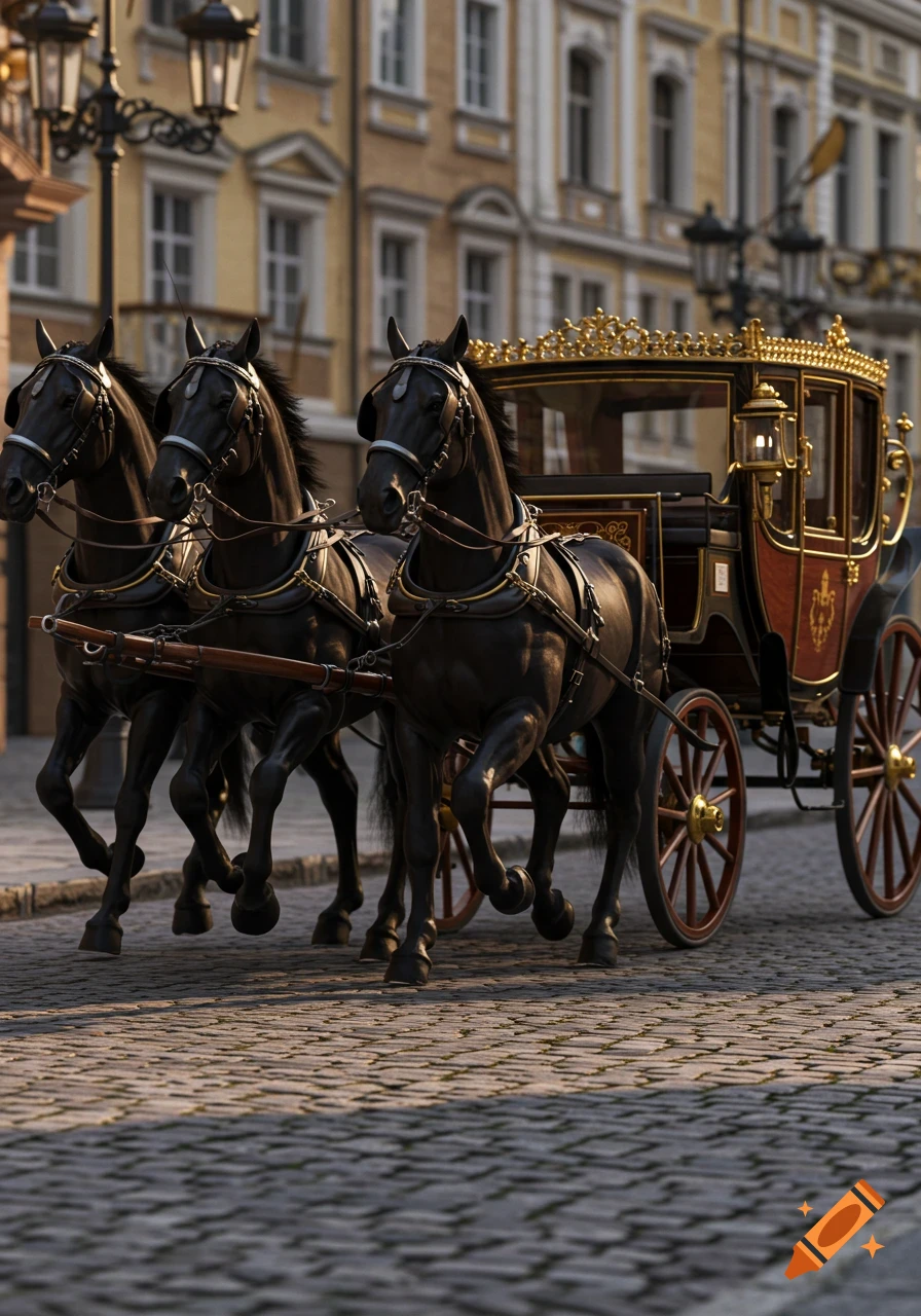 Three black horses pull an ornate horsedrawn carriage down a cobblestone street past classical buildings.