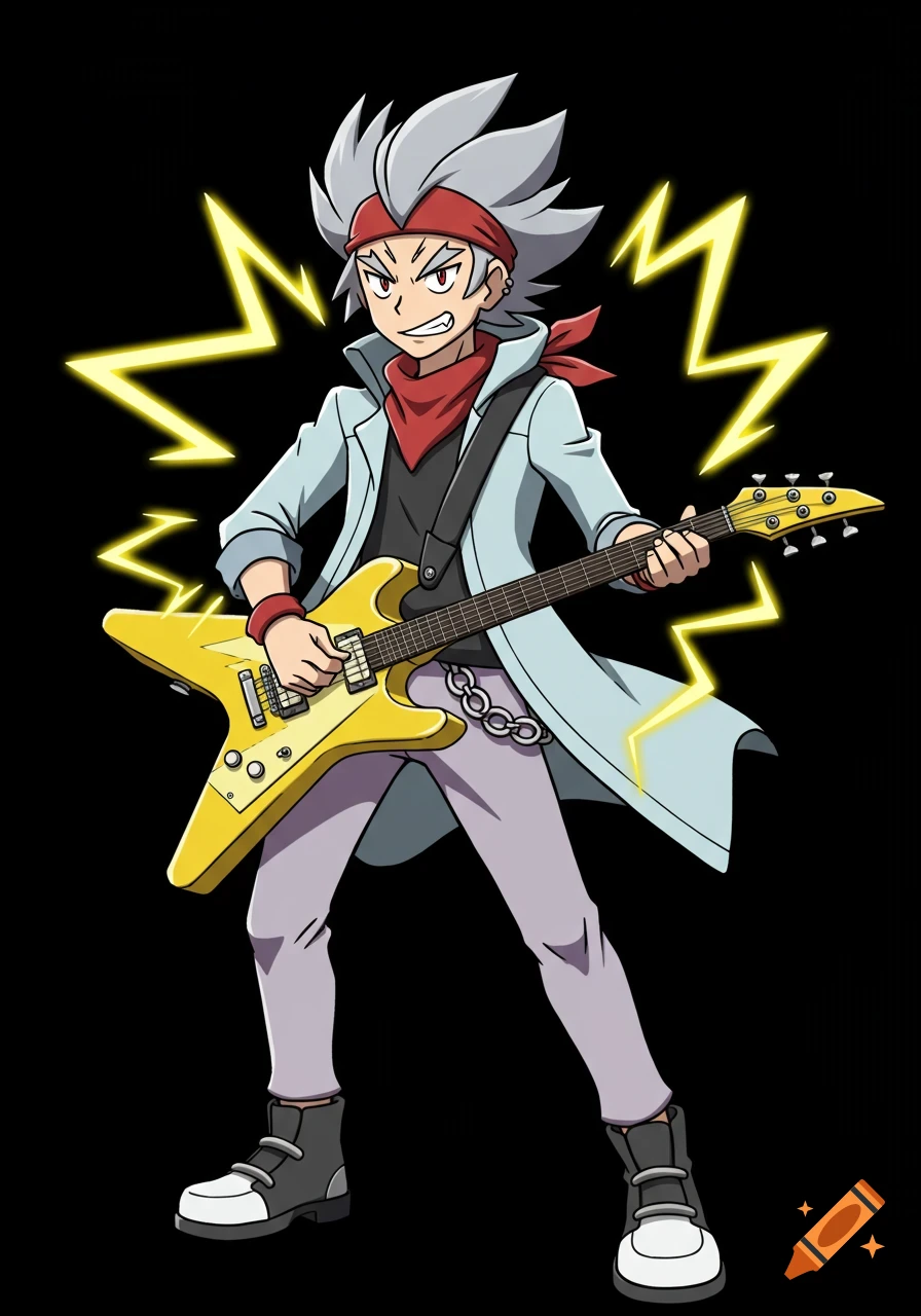 Anime style male trainer with spiky gray hair and red bandana, playing a yellow electric guitar, surrounded by yellow lightning bolts.