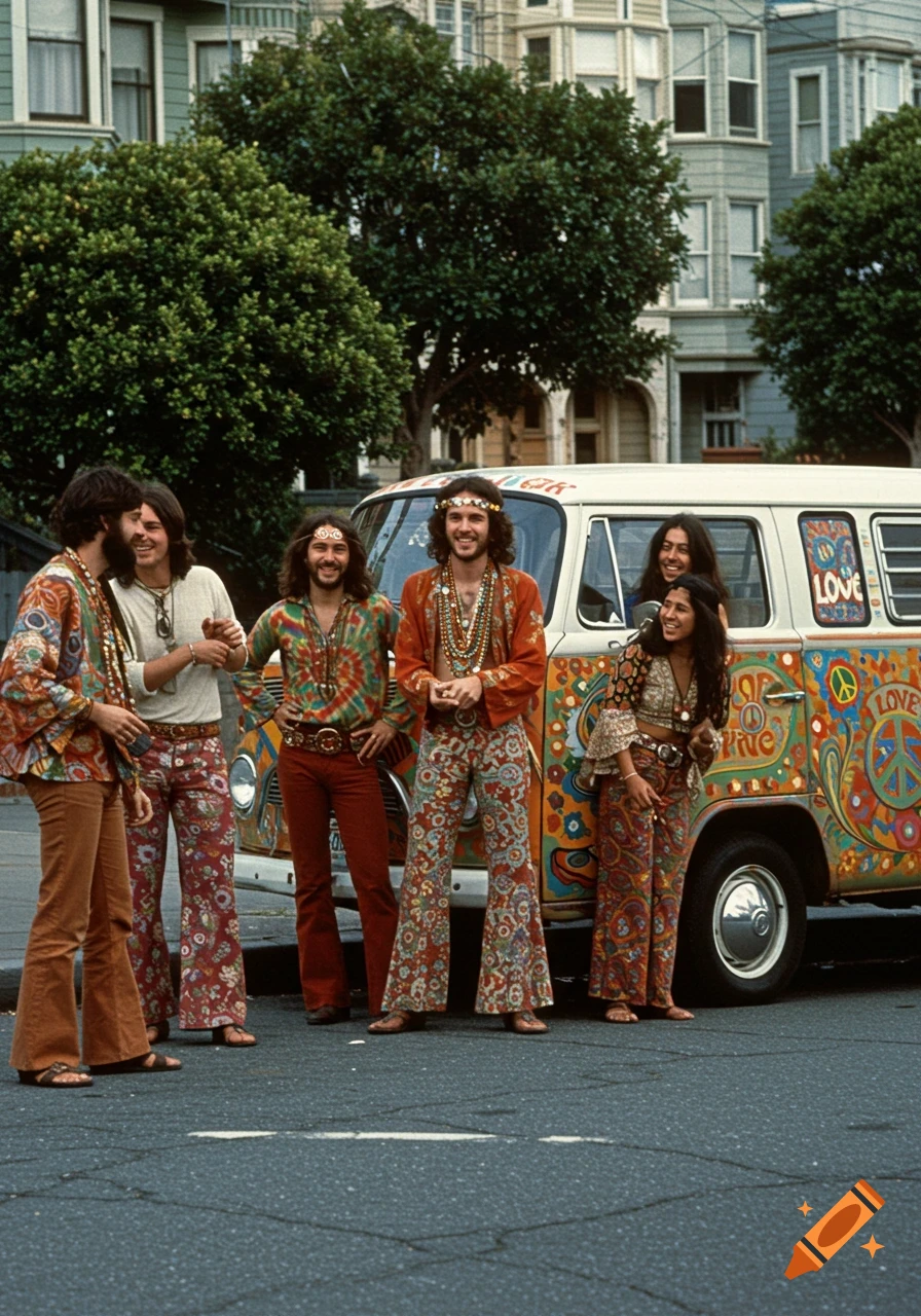 Group of hippies in colorful patterned clothing and headbands standing around a psychedelic van on a street.
