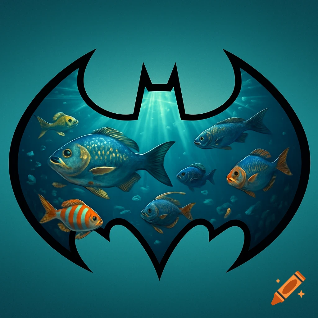 Stylized digital art depicting an underwater scene with various fish swimming within the silhouette of a black Batman logo against a teal background.