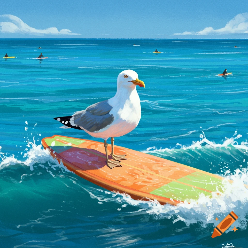 An illustrated white and grey seagull surfing on an orange board in the blue ocean with distant surfers.