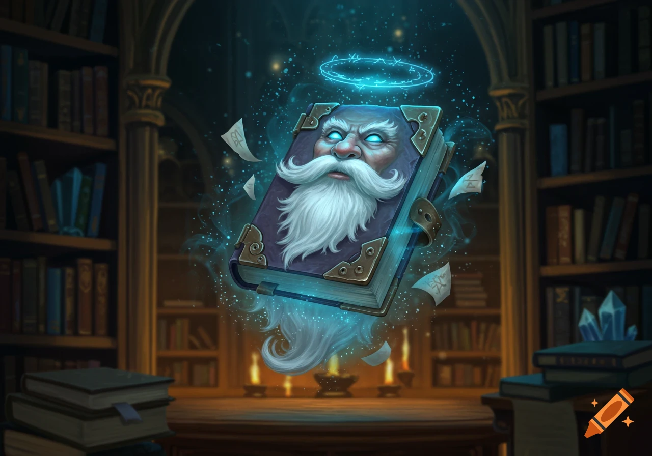 A fantasy art image of a glowing blue spellbook with a white-bearded face, floating in a dimly lit library.