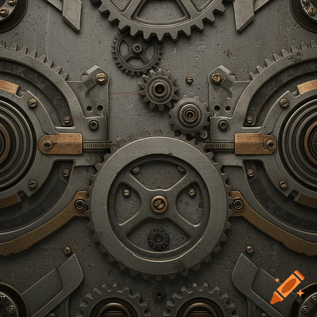 Detailed close-up of interlocking metal gears and mechanical parts, forming an industrial pattern.