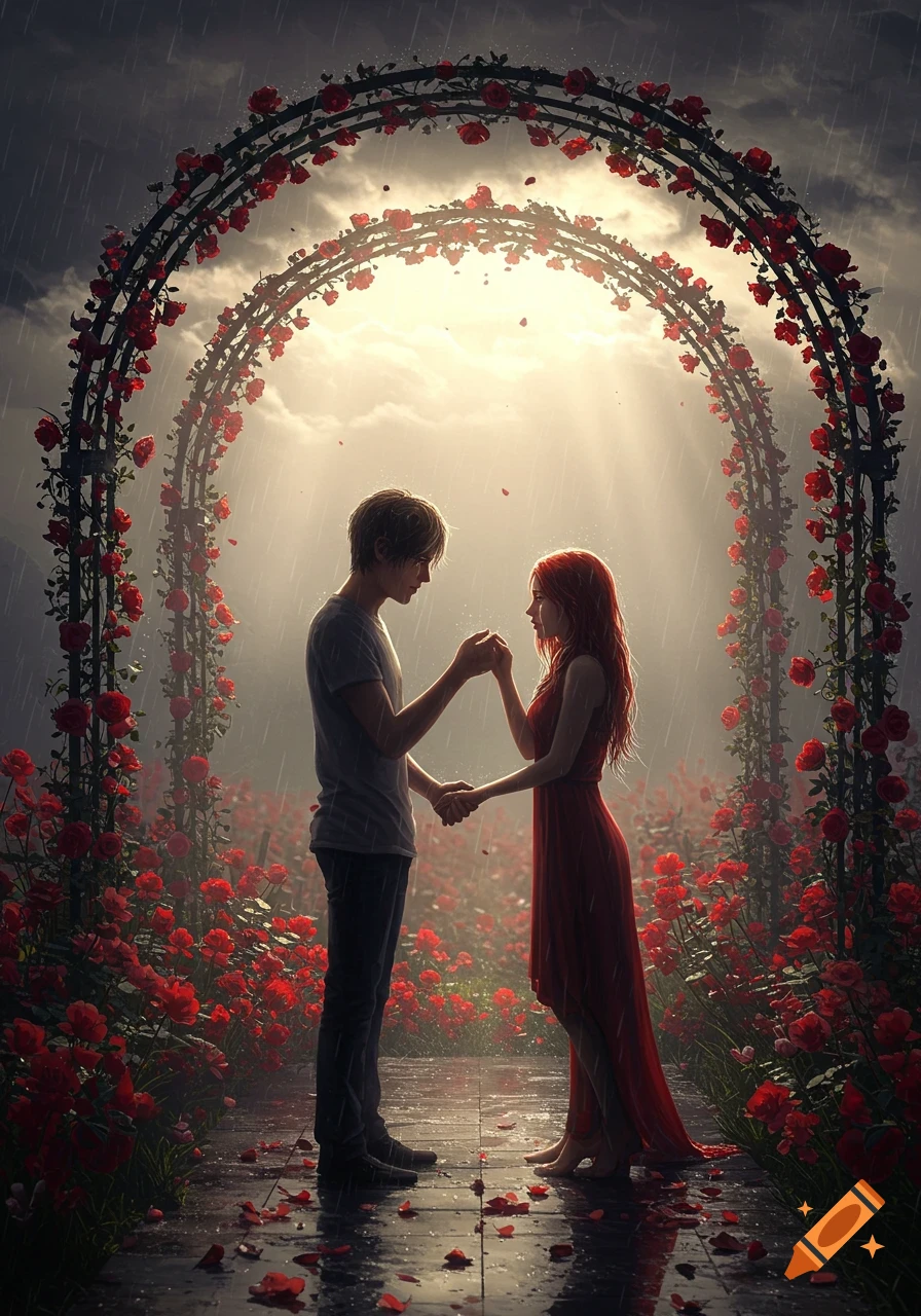 Stylized illustration of a couple holding hands under a rose-covered arch in the rain, surrounded by red roses.