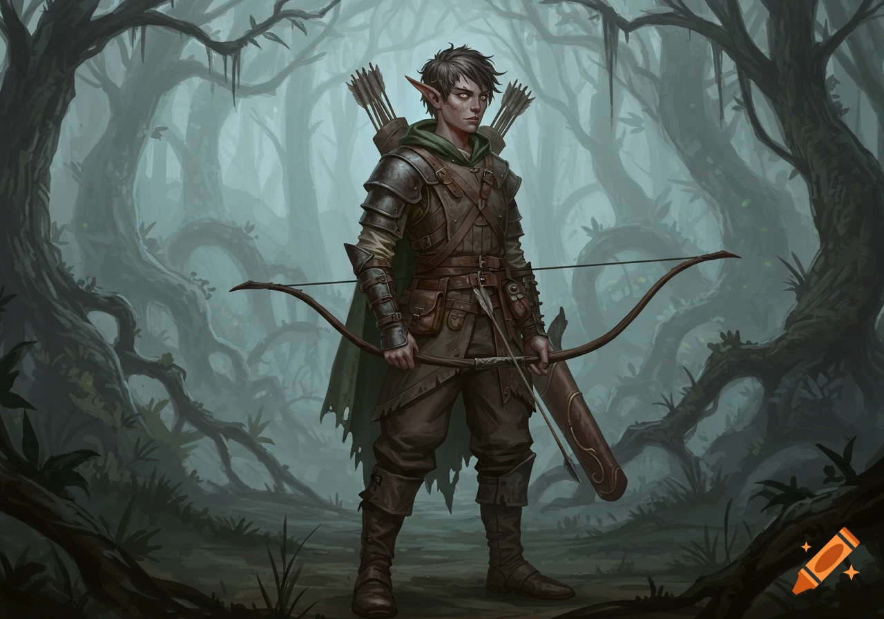 A fantasy illustration of an elf ranger with a bow and quiver, standing in a misty forest.
