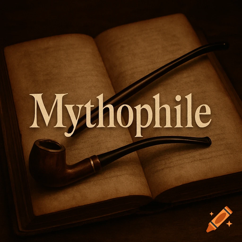 The word Mythophile as a logo on an old open book with a church warden pipe, in a realistic, dark academia style.