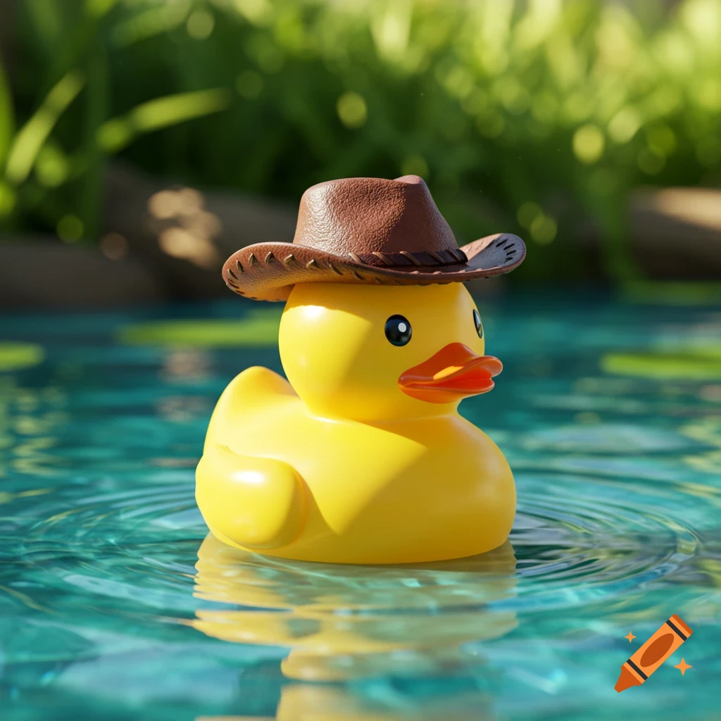 A yellow rubber duck wearing a brown cowboy hat floats in clear blue water with ripples and a green, blurry background.