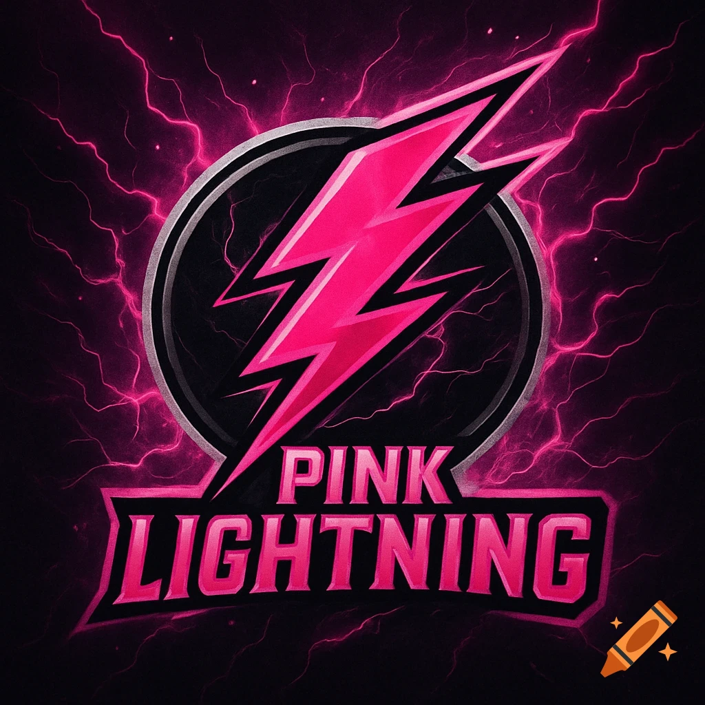 A stylized pink and black logo featuring a lightning bolt in a circle, with 'PINK LIGHTNING' text below, set against a background of pink lightning.