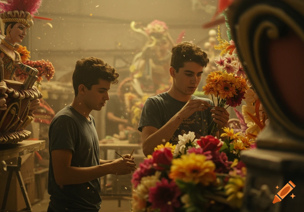 Two young men in a dusty workshop, meticulously arranging colorful flowers and working on elaborate carnival float decorations, in a cinematic style.