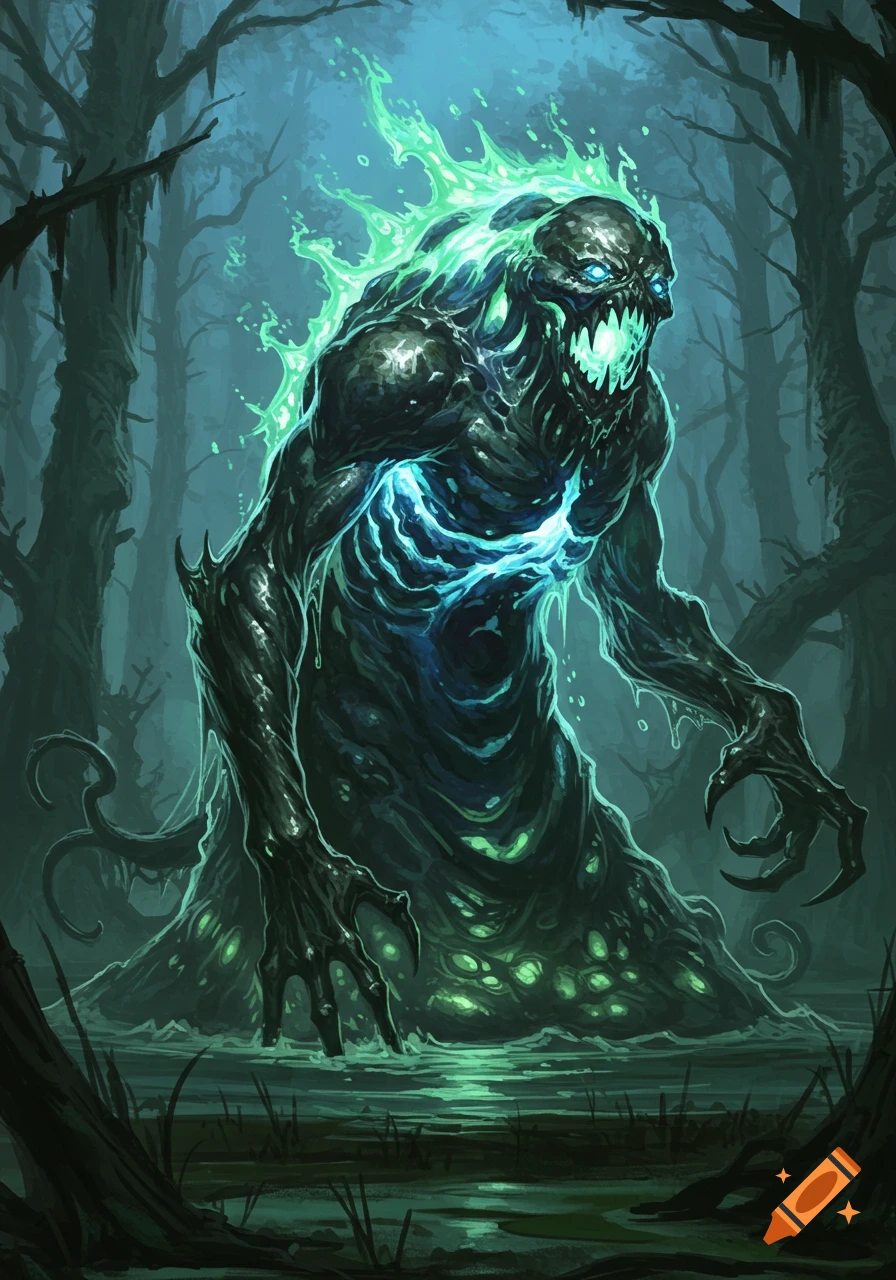 A horrifying, glowing ooze monster with green and blue energy lurks in a dark, fetid swamp at twilight, digital painting.