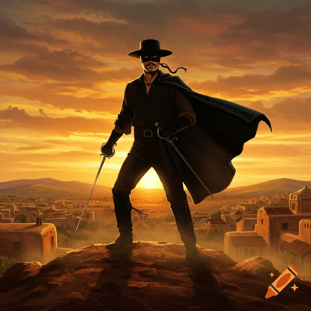 Zorro, a masked swordsman in black, stands heroically on a hilltop overlooking a town at sunset.
