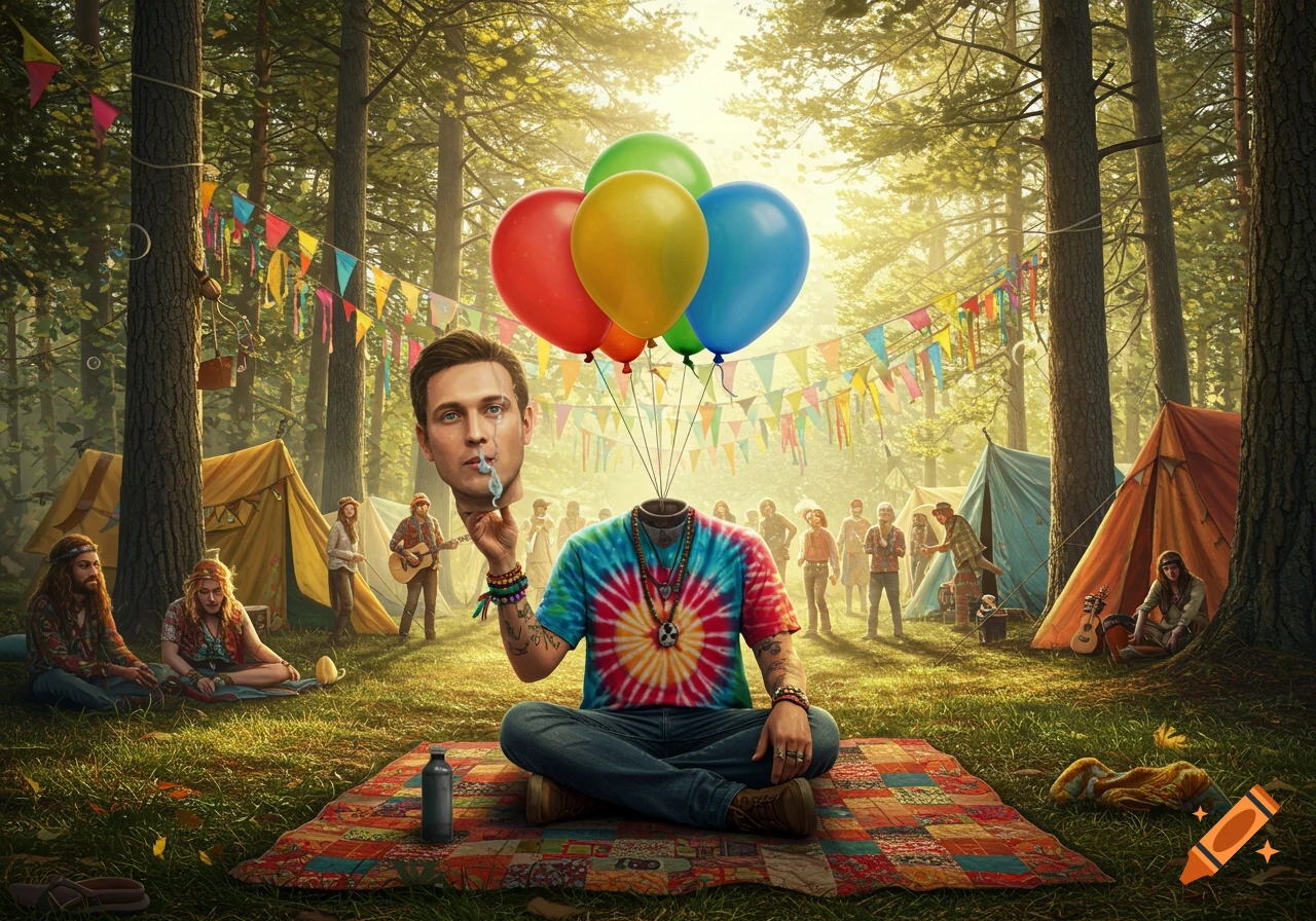 A headless man in a tie-dye shirt sits cross-legged at a hippie festival, holding a detached head that exhales smoke, with colorful balloons floating above his neck.