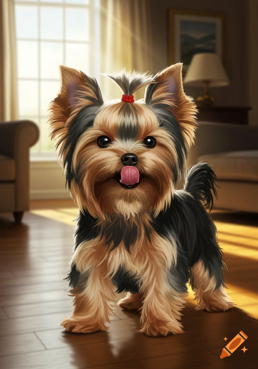 A stylized illustration of a Yorkshire Terrier with its tongue out and a red bow in its hair, standing on a wooden floor.