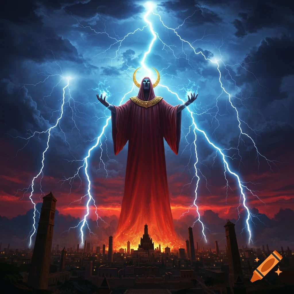 A robed, hooded figure with a crescent moon halo conjures lightning over a sprawling city under a dramatic stormy sky.