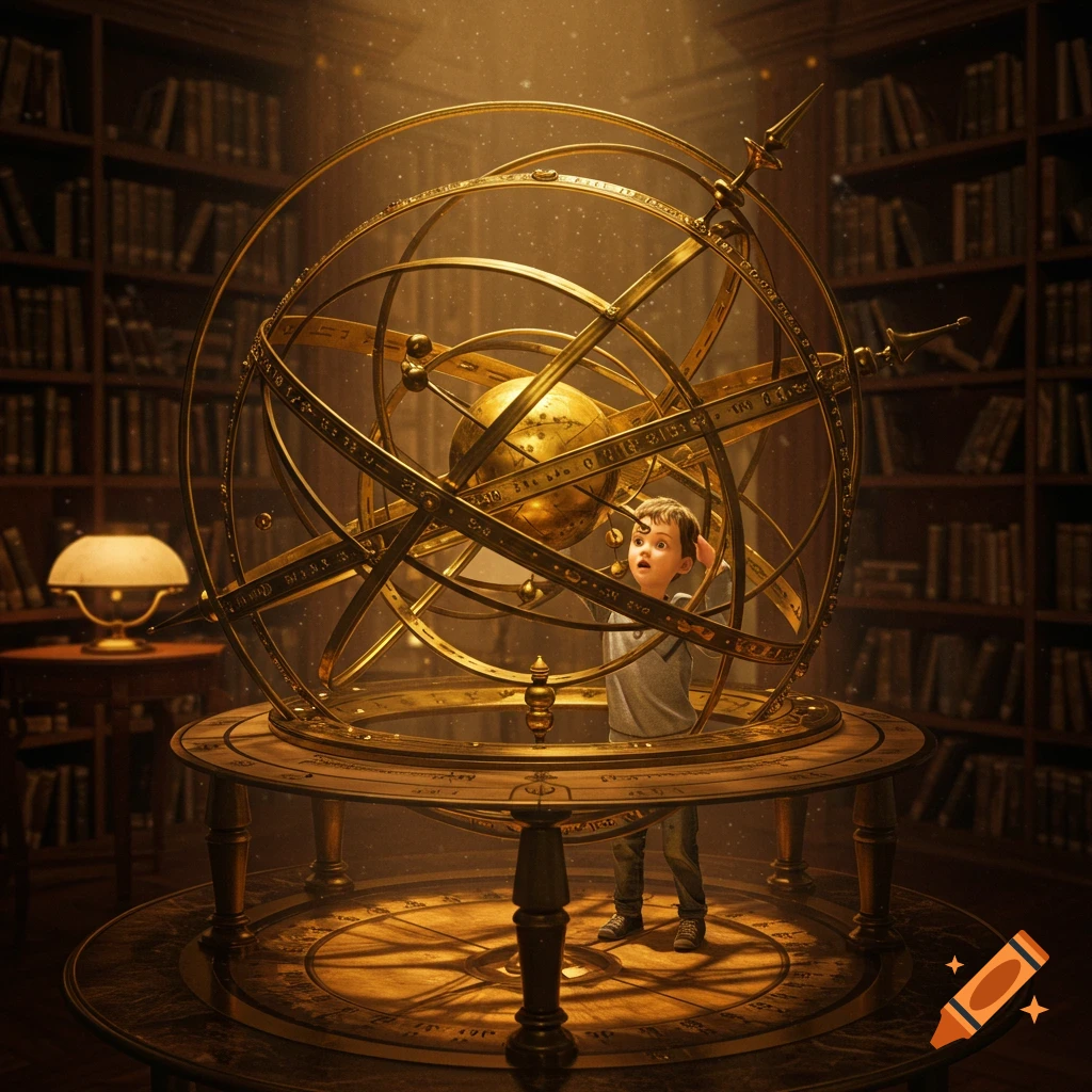 A young boy stands inside a large, intricate golden armillary sphere in a dimly lit, grand library, looking up in wonder.