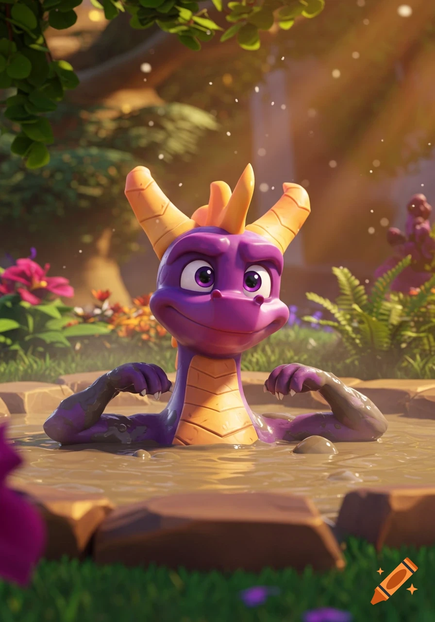 Spyro the purple dragon happily relaxing in a mud hot tub in a lush forest, 3D animation style.