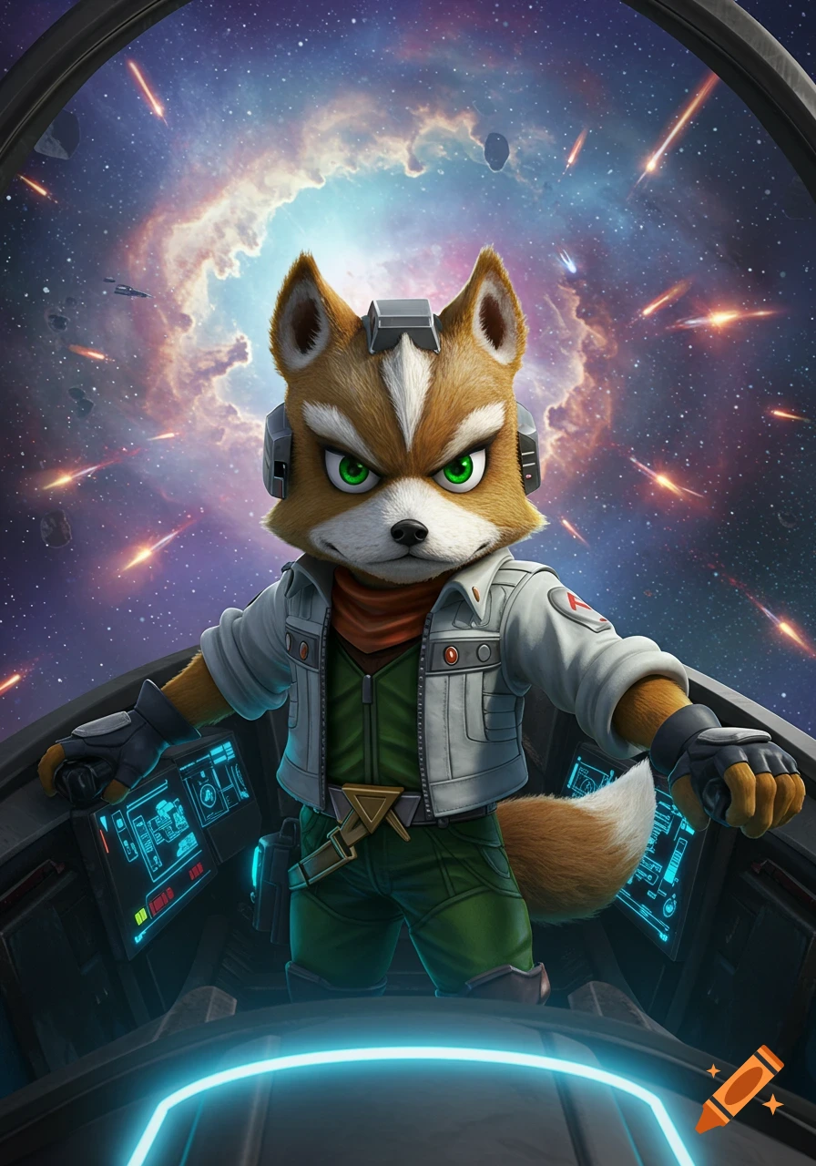 Fox McCloud in a spaceship cockpit, with a nebula and starfield visible through the window, surrounded by laser fire.