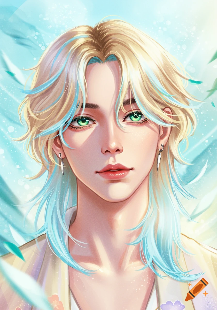 Close-up semi-realistic portrait of a male character with long blonde and blue ombre hair, bright green eyes, in a light top against an ethereal blue background.