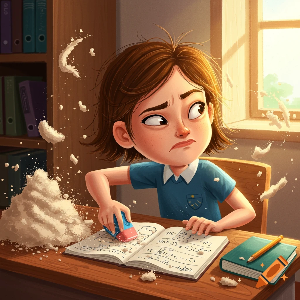 A cartoon illustration of a sad student erasing a large pile of math problems from a notebook, creating a mountain of eraser dust.