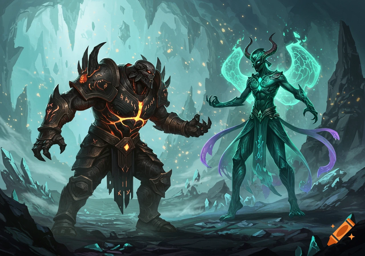 Two monstrous fantasy figures, one in black armor with glowing cracks and one slender teal glowing being, confront each other in a crystal cave.