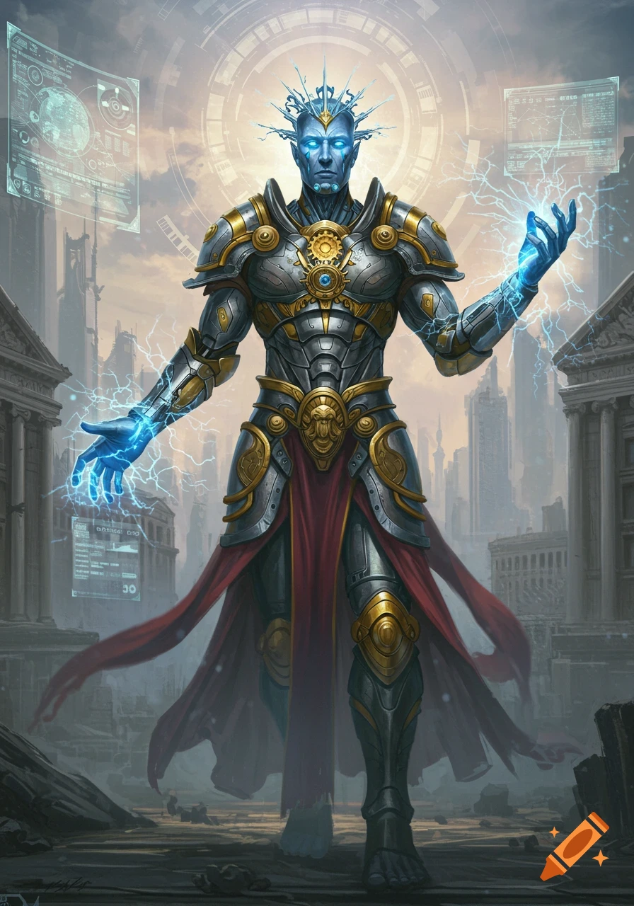 A powerful armored technological god with glowing blue skin and crackling electricity in his hands stands among ancient ruins and futuristic cityscapes.