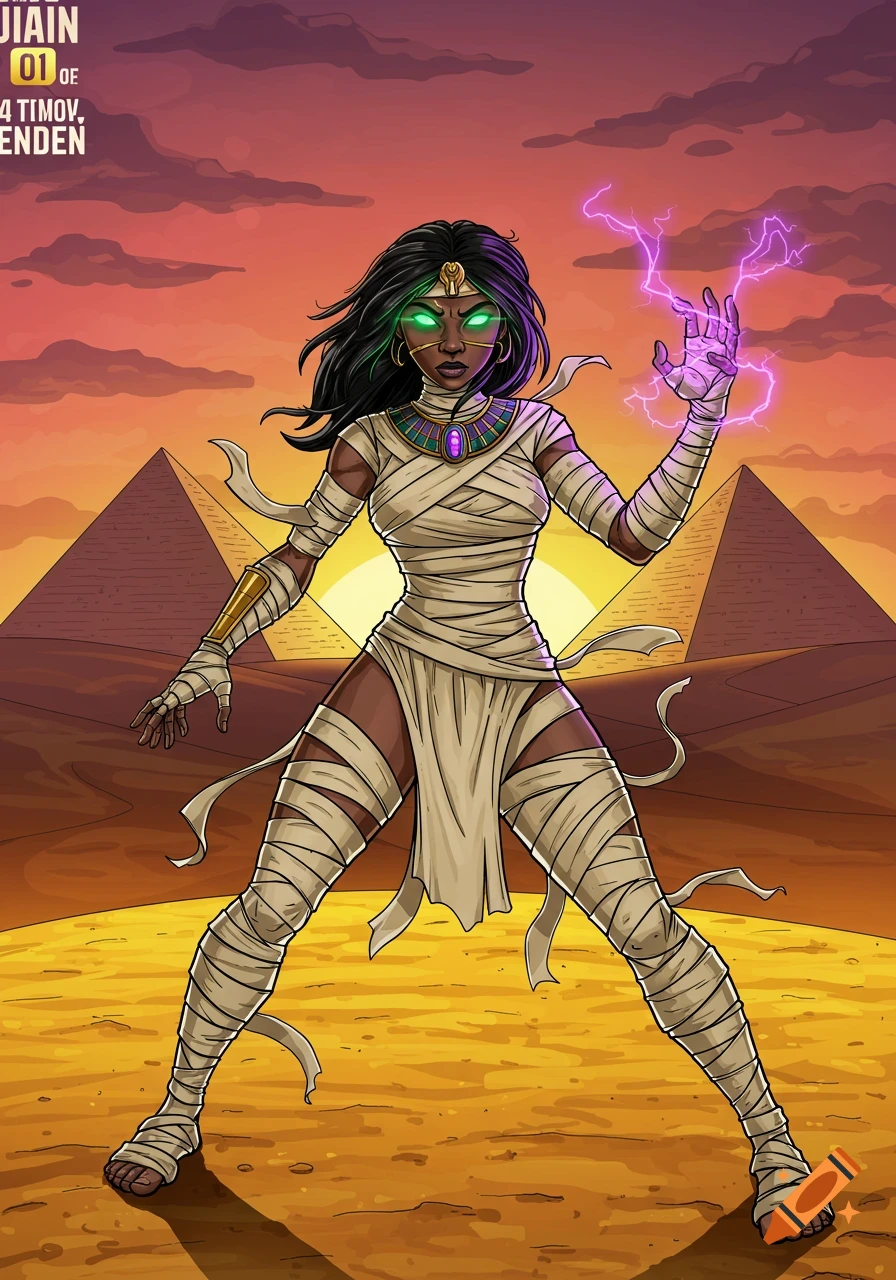 A comic book style illustration of a mummy woman with glowing green eyes and purple lightning, standing in a desert with pyramids at sunset.