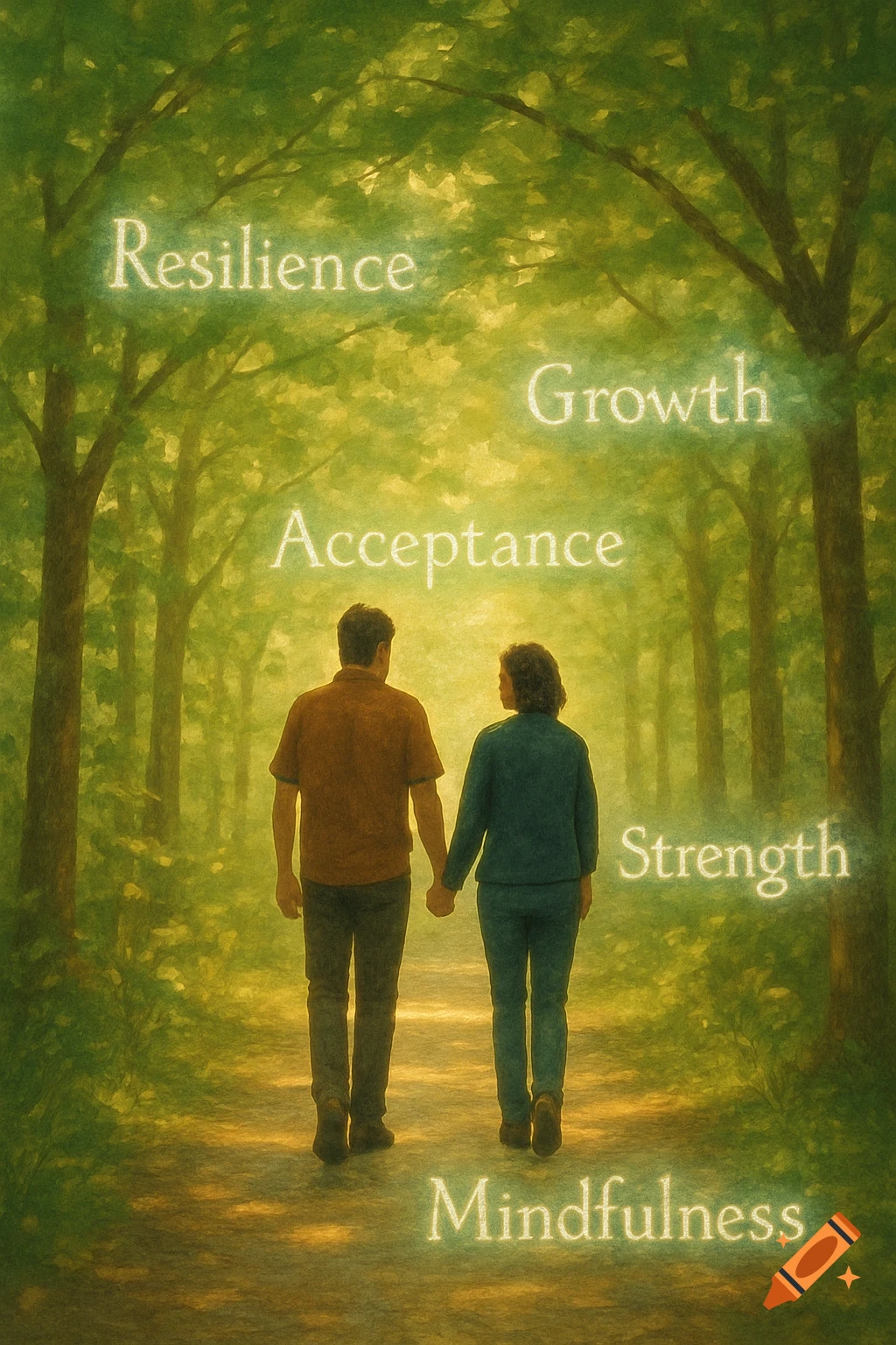 A painterly image of two people holding hands, walking on a sunlit path through a green forest, with inspirational words like 'Resilience' and 'Growth' floating around them.