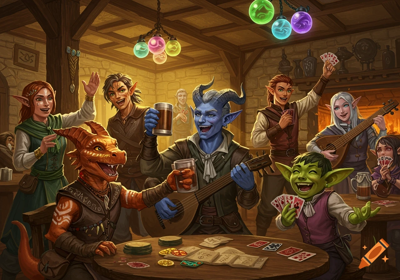 A diverse group of fantasy characters, including elves, a tiefling, a kobold, and a goblin, celebrate in a festive, packed tavern. They are drinking, playing cards, and enjoying music.
