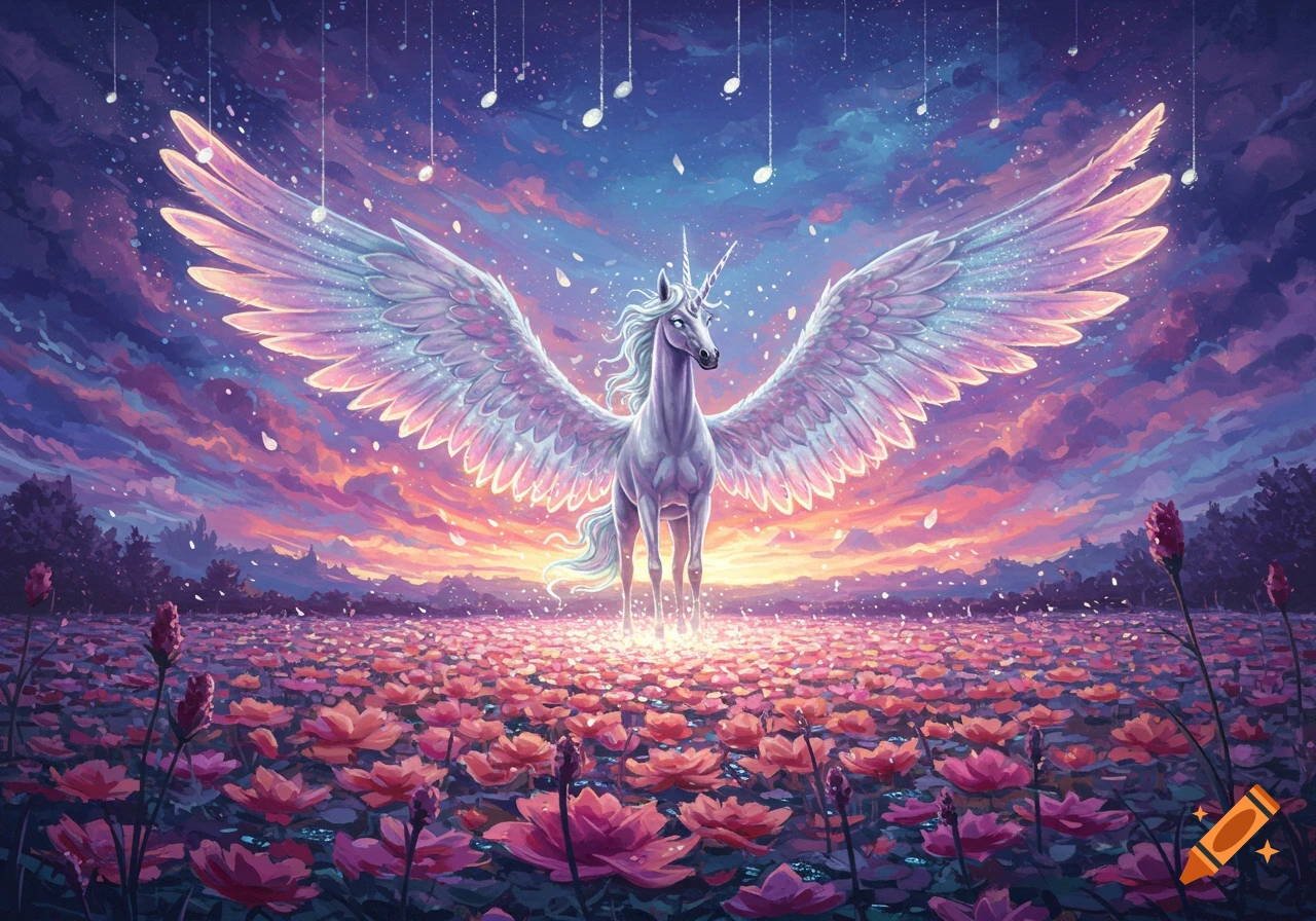 A majestic winged unicorn stands in a glowing field of pink flowers under a vibrant sunset sky, with musical notes falling. Dreamy fantasy art.
