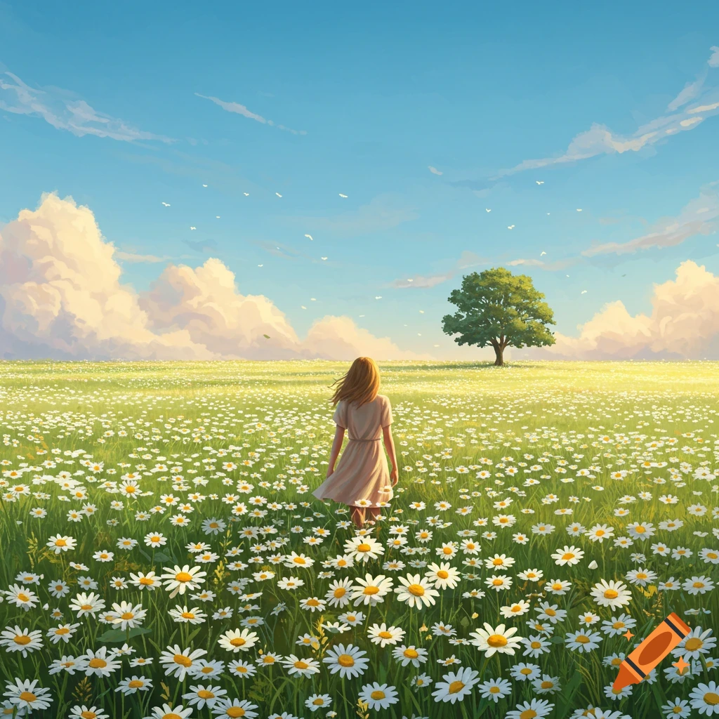 A person in a dress walks through a vast field of white daisies towards a distant tree under a bright blue sky, digital art.