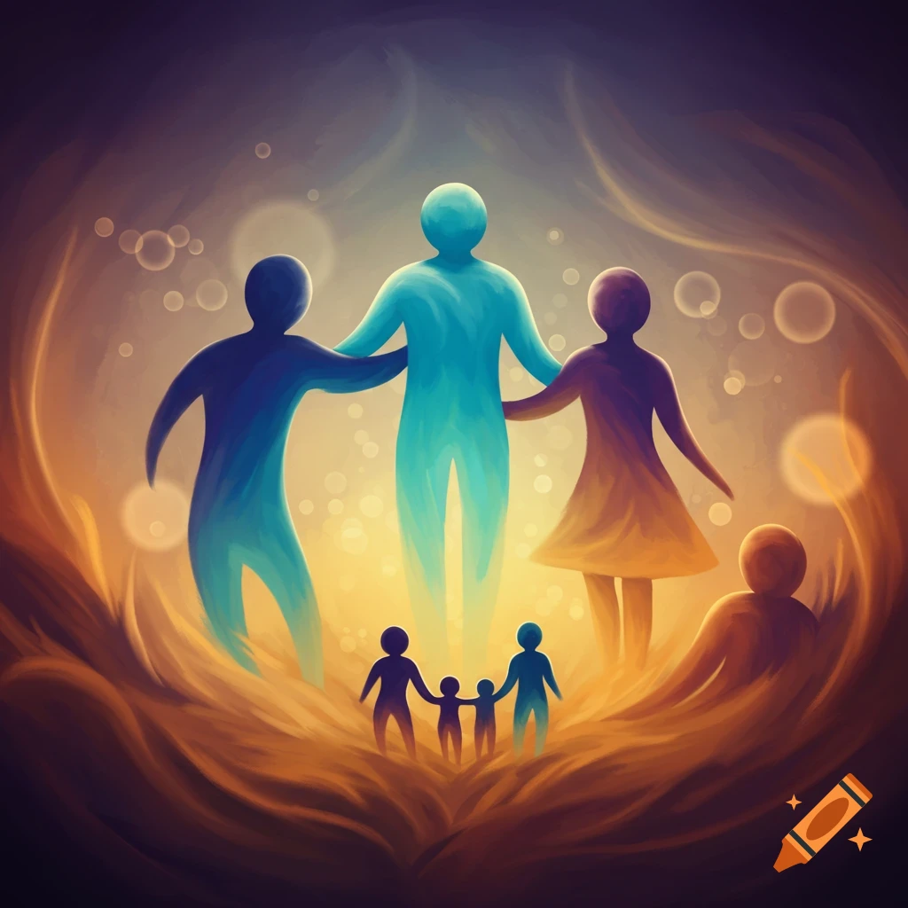 Stylized image of an abstract family with glowing figures of parents and children, surrounded by warm, ethereal light.