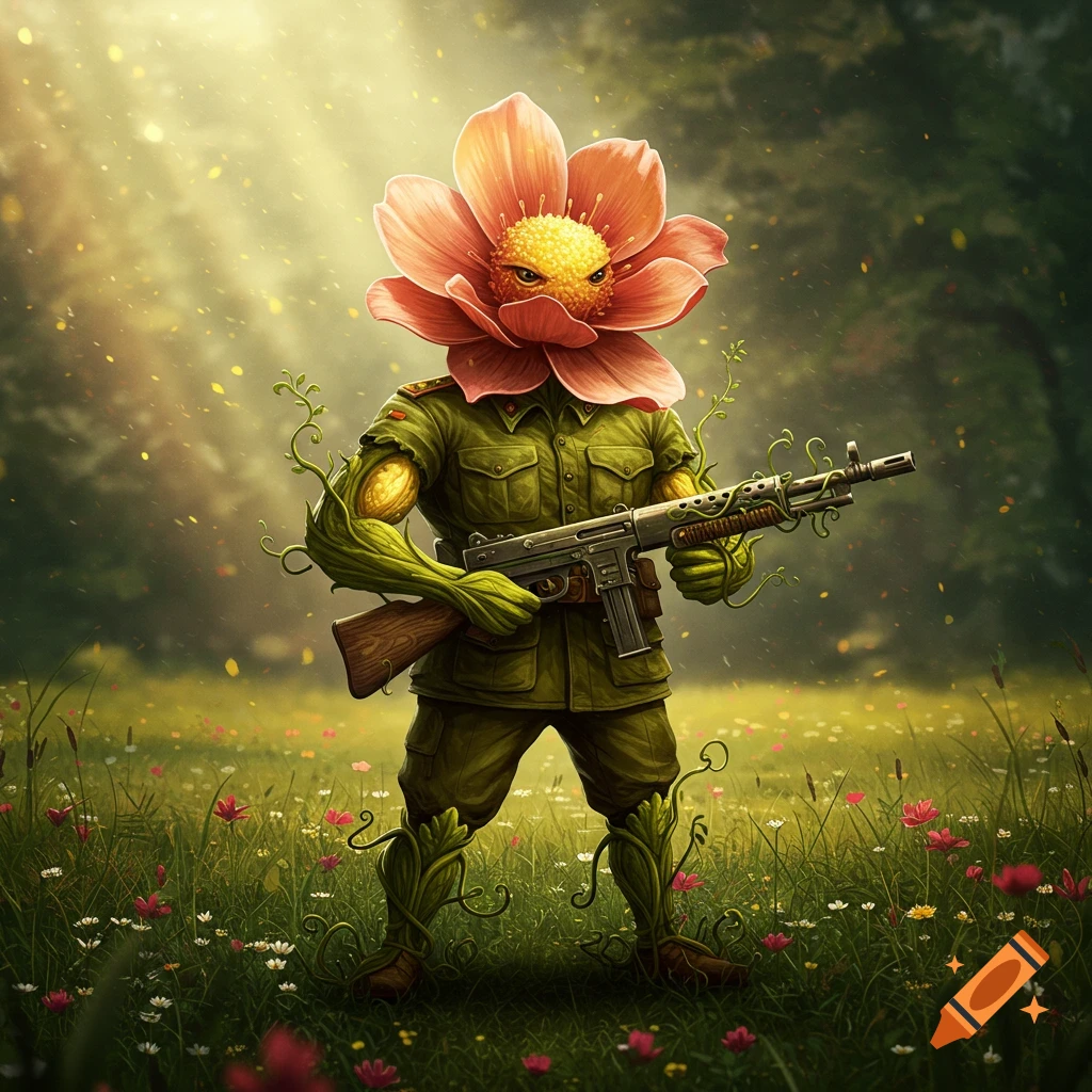 A muscular, flower-headed soldier in a green uniform stands in a sunlit field, holding a vine-wrapped machine gun.
