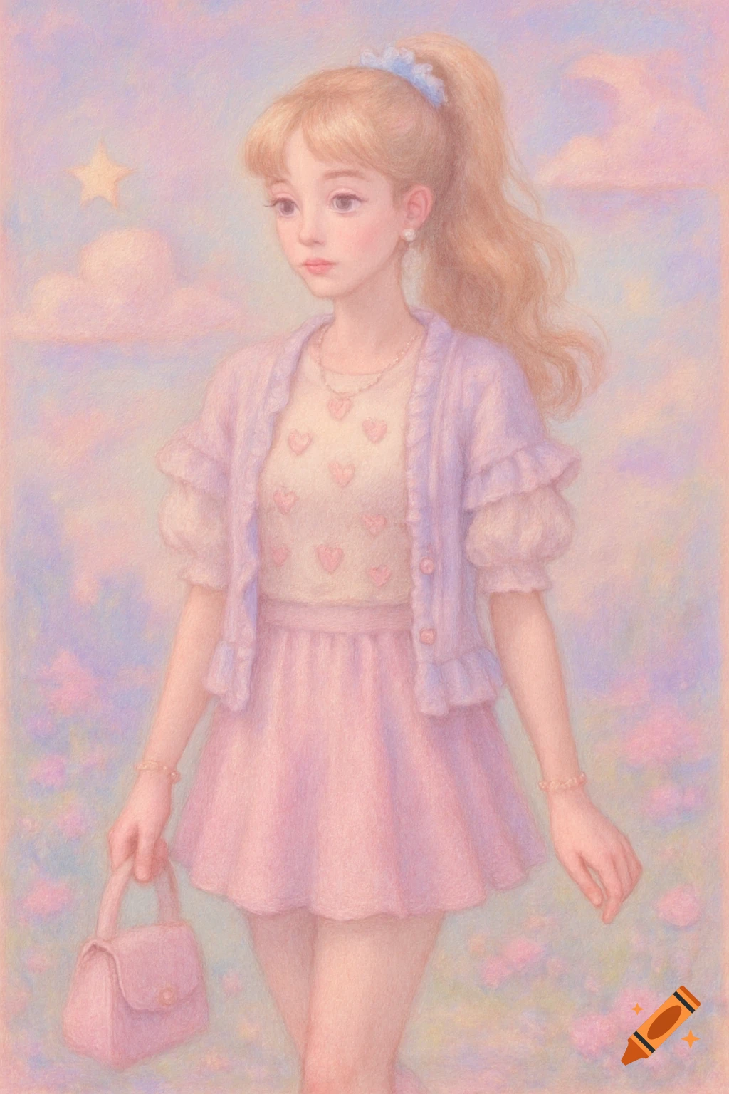 A blonde woman in a pastel pink skirt, white heart-print top, and purple cardigan holds a pink handbag against a dreamy pastel sky.