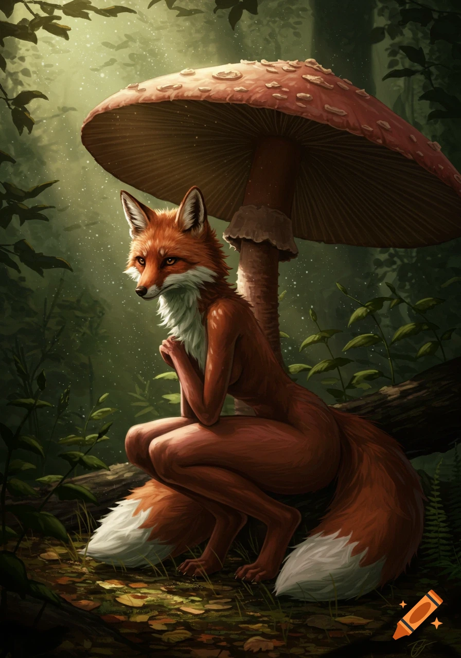 A stylized anthropomorphic fox woman crouches under a large red mushroom in a dark, magical forest.