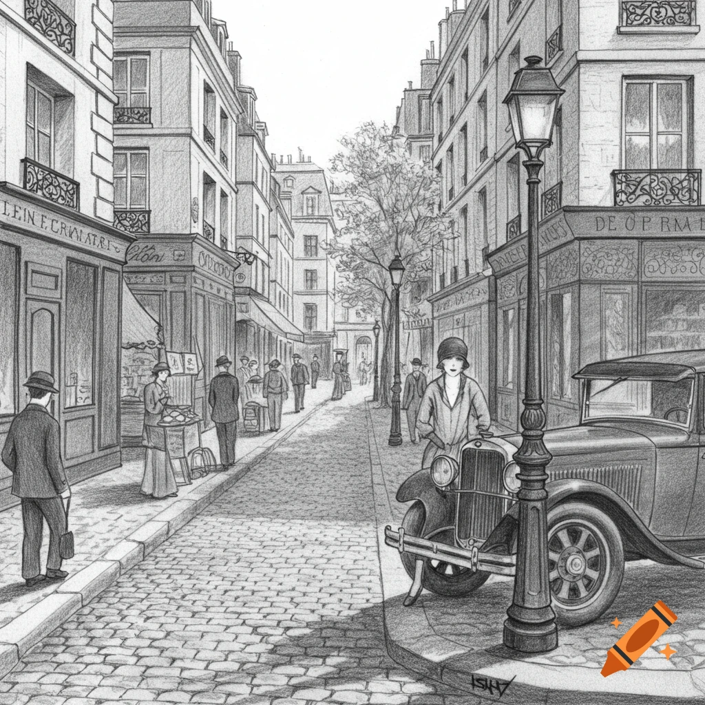 Pencil drawing of a bustling vintage street scene with pedestrians, classic cars, and multi-story buildings.