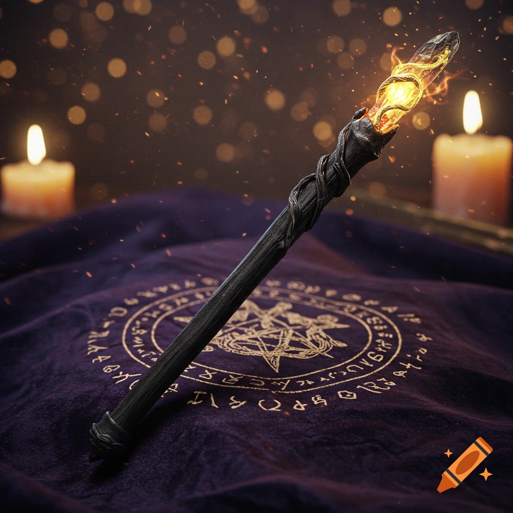 A black magic wand with a glowing, fiery crystal tip rests on a purple cloth with gold mystical symbols, with blurred candles in the background.